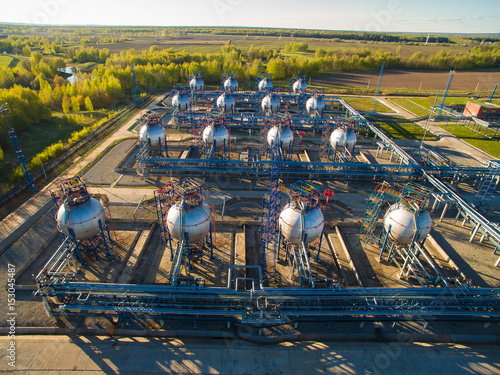 tank farm for bulk petroleum and gasoline storage. Aerial view