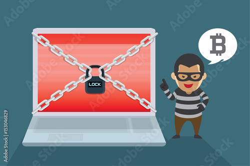 Hacker demand Bitcoin payments to restore computer systems. Illustration about Wanna Cry Ransomware Virus.