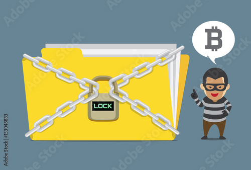 Hacker lock a data file and demand Bitcoin payment for unlock code. Illustration about ransom in online.