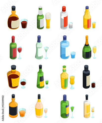 Colored Isometric Alcohol Icon Set