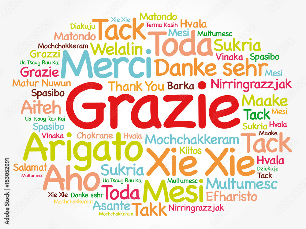 Fototapeta premium Grazie (Thank You in Italian) Word Cloud background, all languages, multilingual for education or thanksgiving day