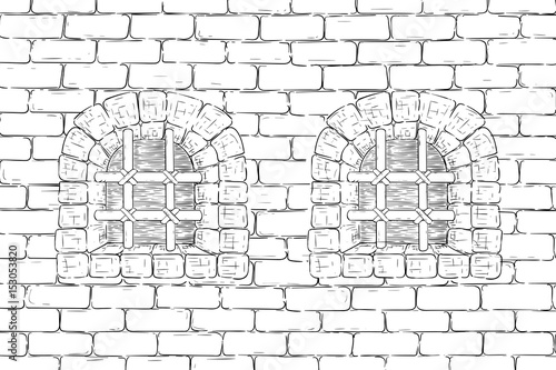 Old brick wall with barred windows. Hand drawing, vintage sketch