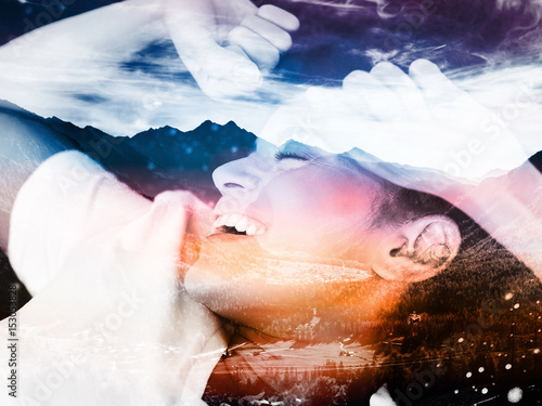 Double exposure of happy woman in the morning and beautiful mountainscape