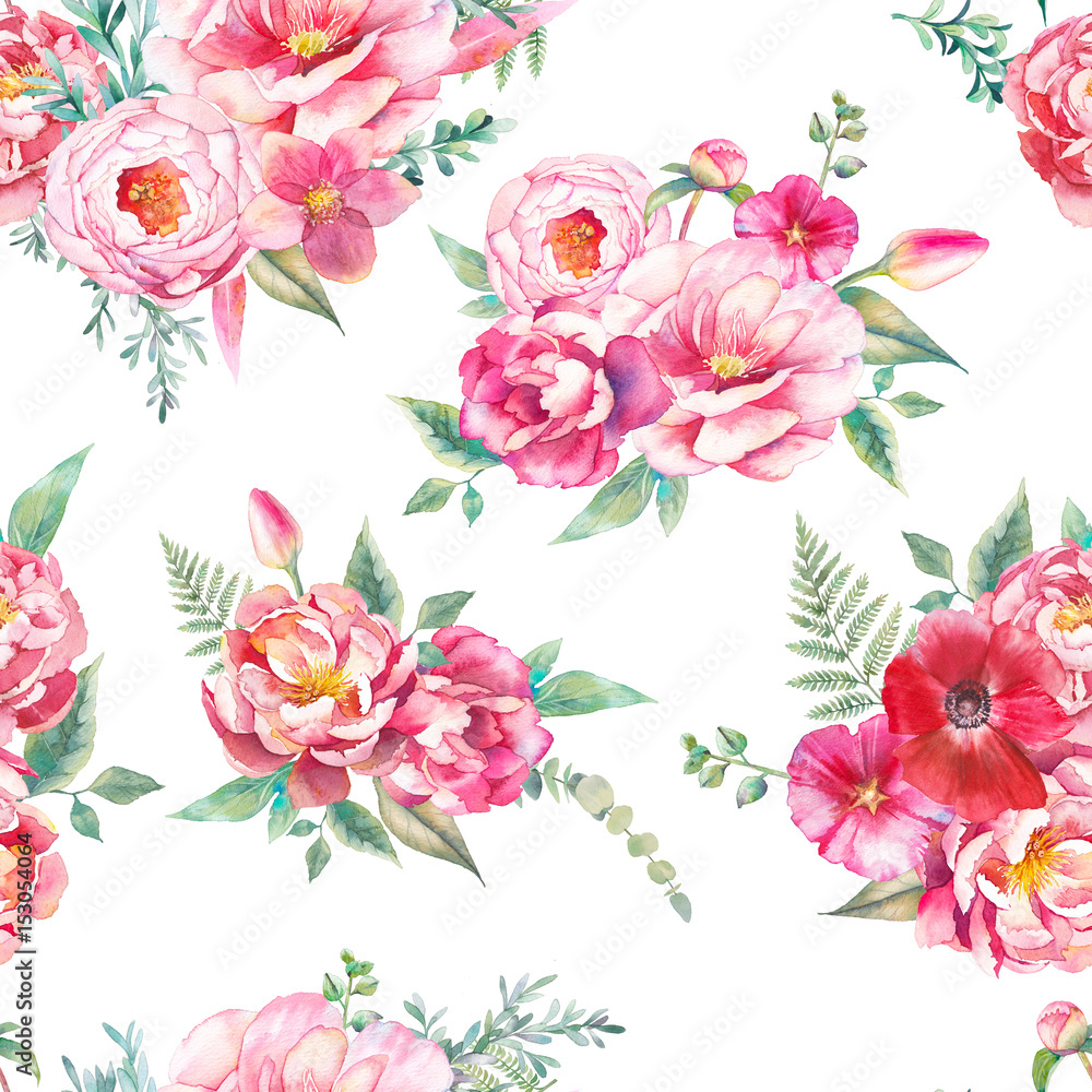 Watercolor seamless pattern with peonies flowers, fern and eucalyptus leaves. Hand painted repeating background with floral elements, peony, roses, tulip flowers. Garden style texture