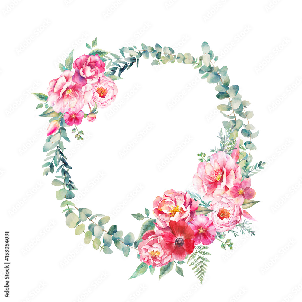 Watercolor vintage eucalyptus and tree branches wreath with flowers bouquet. Hand drawn floral decorative element isolated on white background. Green branches, peonies, tulip, rose, fern.