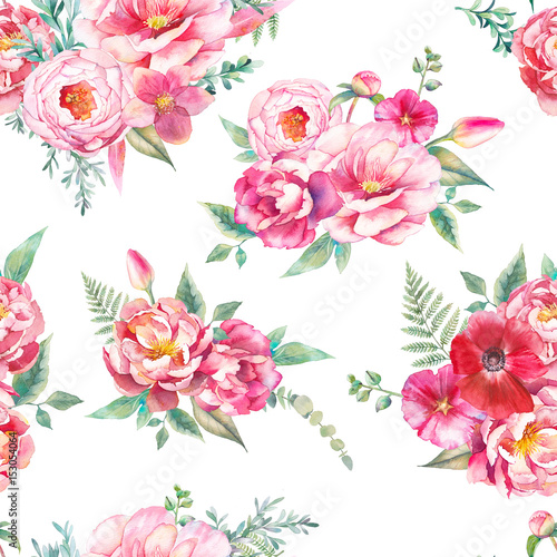 Watercolor seamless pattern with peonies flowers, fern and eucalyptus leaves. Hand painted repeating background with floral elements, peony, roses, tulip flowers. Garden style texture © ldinka