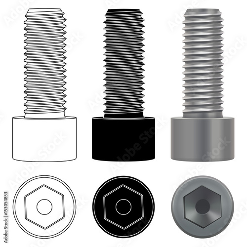 Metal hex bolt. Outline and silhouette drawing