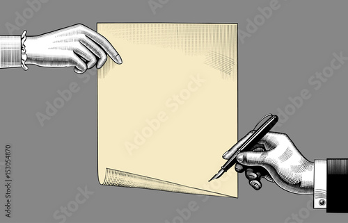 Woman's hand holding a paper sheet and man's hand with a pen