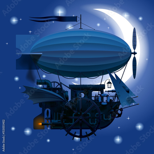 Complex fantastic flying ship in night sky with moon