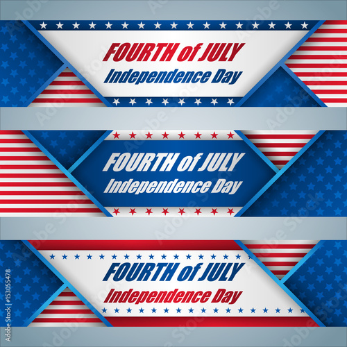 Set of web banners with texts and American flag, for Fourth of July, American Independence day, celebration; Vector illustration