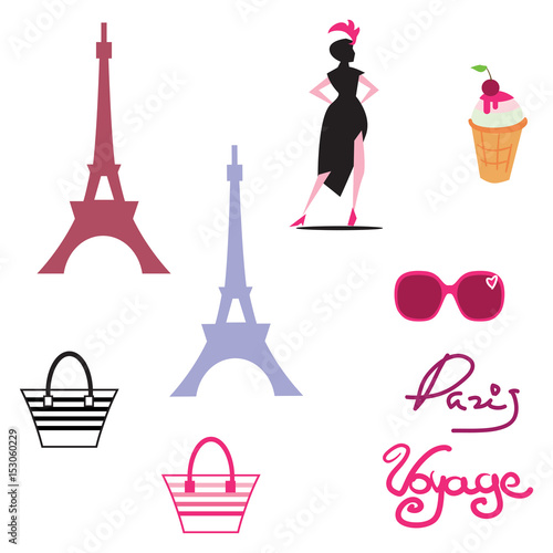 Paris isolated icon set on paris theme with well known signs and elements of france
