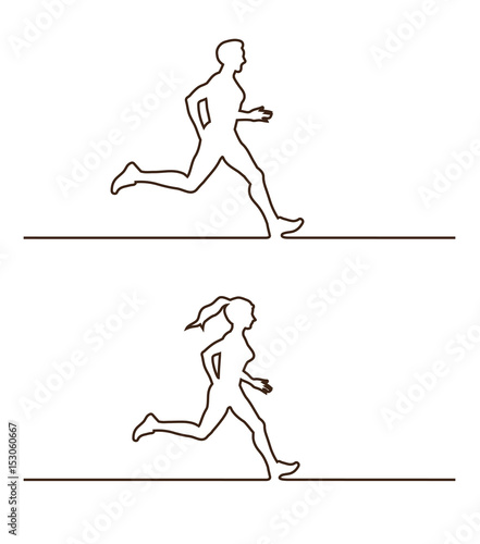 Line silhouettes of runners. Vector set of linear runners figures