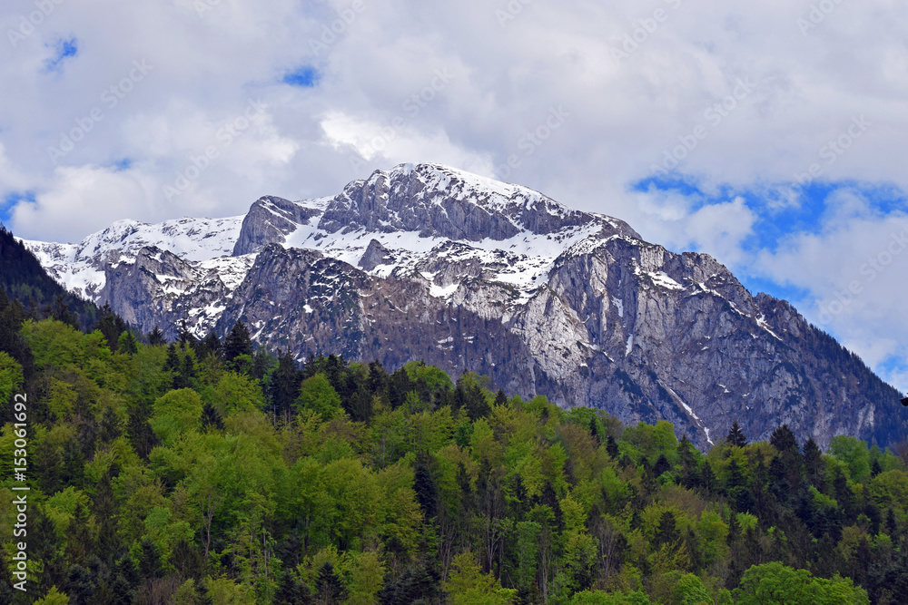 Snow capped mountain on Alps. Forest on foreground. View from Berchtesgaden, Bavaria, Germany. Horizontal image.