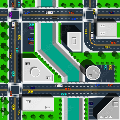 City map top view vector illustration. Bridges over the river.