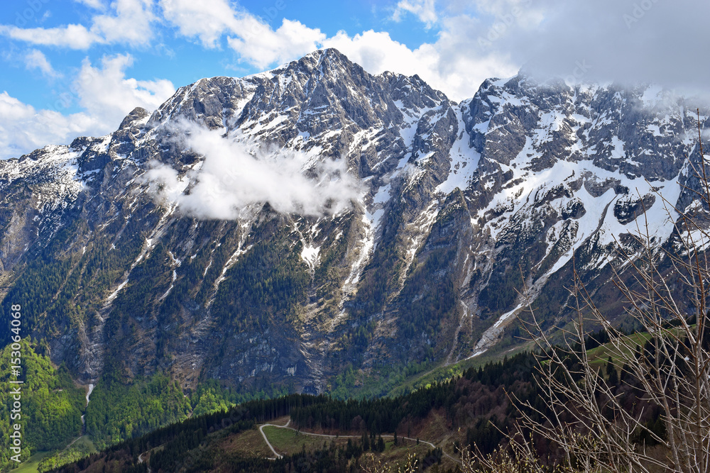 Snow-capped mountains. Beautiful alpine landscape from Rossfeldstrasse panorama road on German Alps near Berchtesgaden, Bavaria, Germany