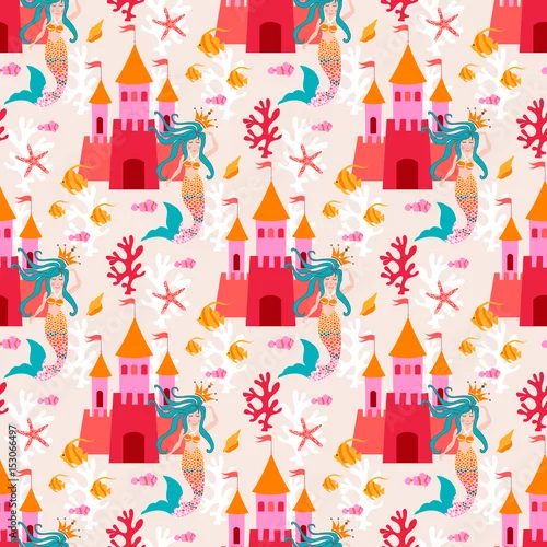 Obraz Wzór z małą syrenkę księżniczki z zamkiem. Słodki turkus podwodne tło wektor z roślin, muszli, liści koralowca, rozgwiazdy, zawilec i transparent ryby.