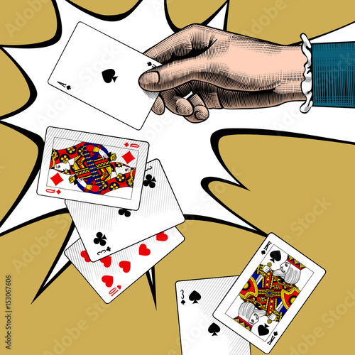 Woman's hand with playing cards fan. Vintage engraving stylized color drawing