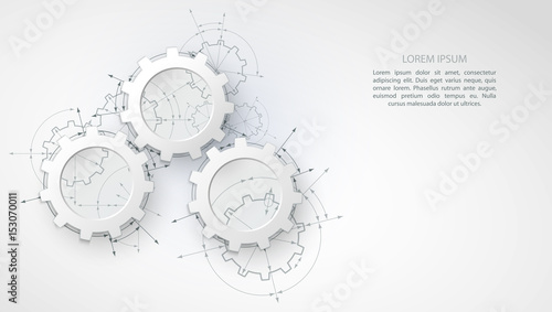 Gears in engagement. Engineering drawing abstract industrial background with a cogwheels.