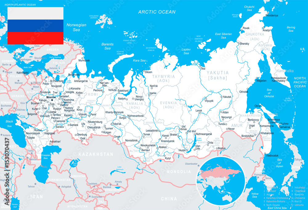 Fototapeta premium Rosja - mapa i flaga - ilustracja
