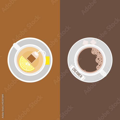 coffee, creamer package and sugar cubes,lemon tea with tea bag and slice of lemon on saucer, flat design vector