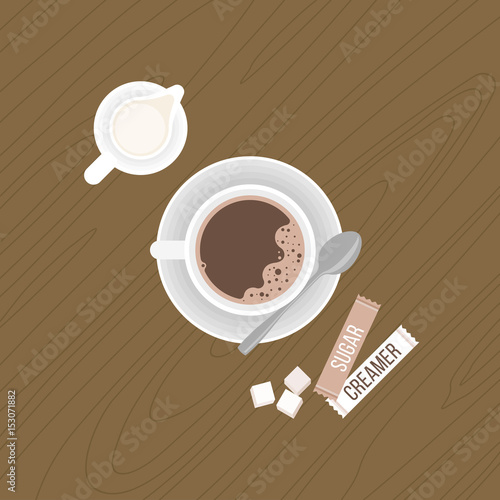 coffee with crema and tea spoon on saucer, milk jug, sugar cubes, package of sugar and  creamer on wooden background, flat design vector