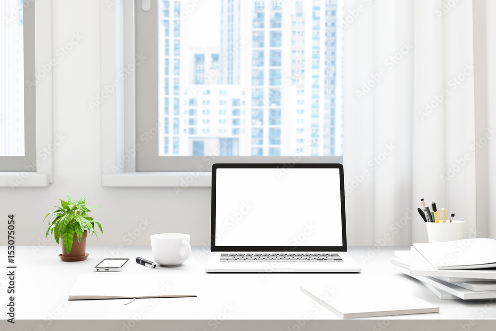 Front view of workpark with blank laptop screen, blank frame, and notebook in modren home office work.for Mock up, 3D illustration rendering Front view of workpark with blank laptop screen, blank frame, and notebook in modren home office work.for Mock up, 3D illustration rendering