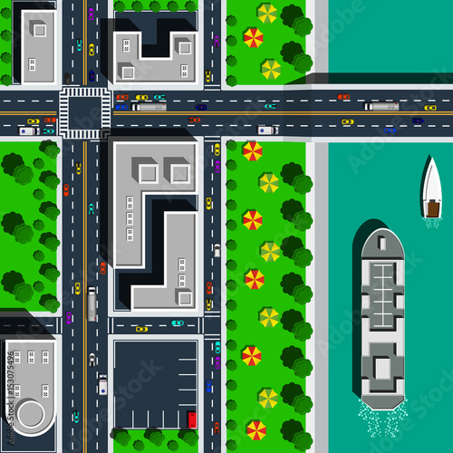 City map top view vector illustration. Bridge over the river with crossroad, traffic and parking zone. Ferry and boat afloat. Shrubs and trees adorn the city.