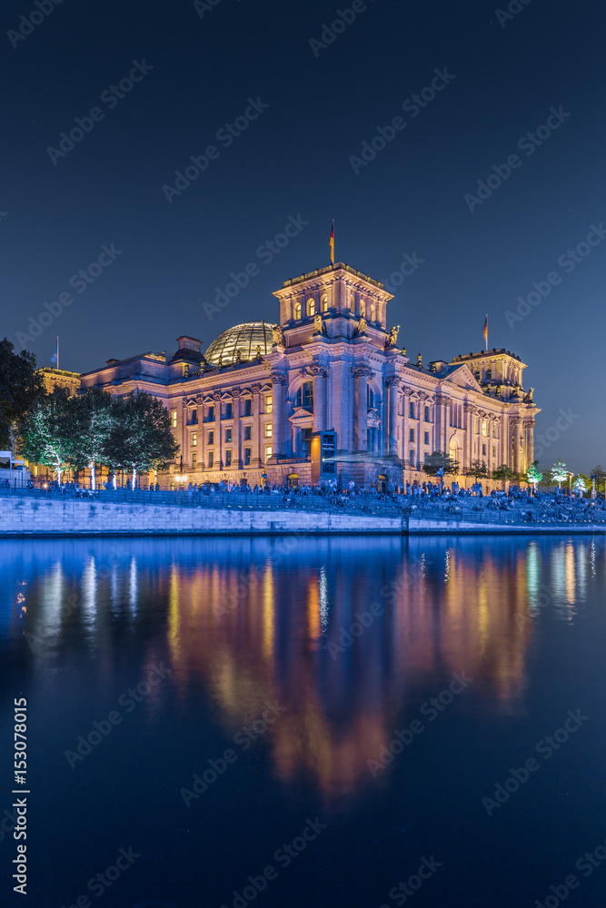 Berlin Reichstag with Spree river in twilight, central Berlin Mitte, Germany