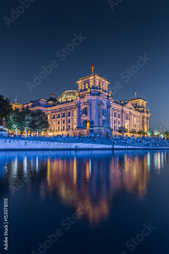 Berlin Reichstag with Spree river in twilight  central Berlin Mitte  Germany