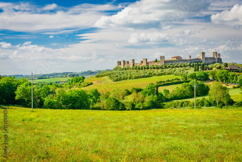 A fortified city with medieval walls in the Tuscan province of Siena Monteriggioni
