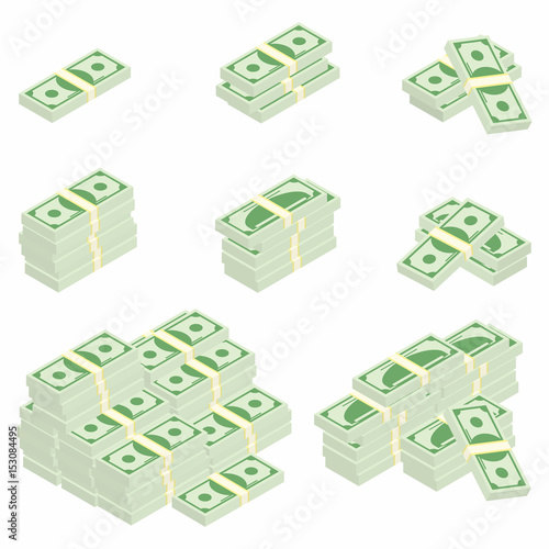 Dollars. Packages of banknotes in various angles. Different stacks and piles of cash