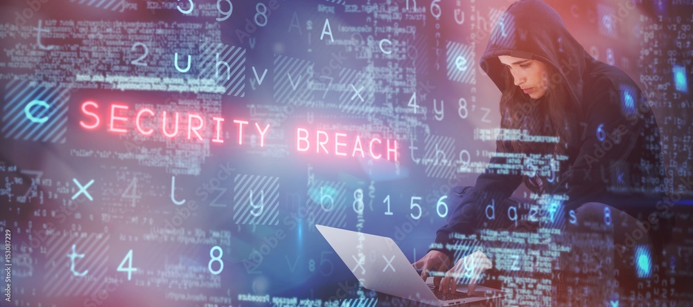 Composite image of female hacker using laptop Composite image of female hacker using laptop
