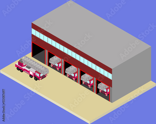 Isometric firehouse and fire truck in vecto