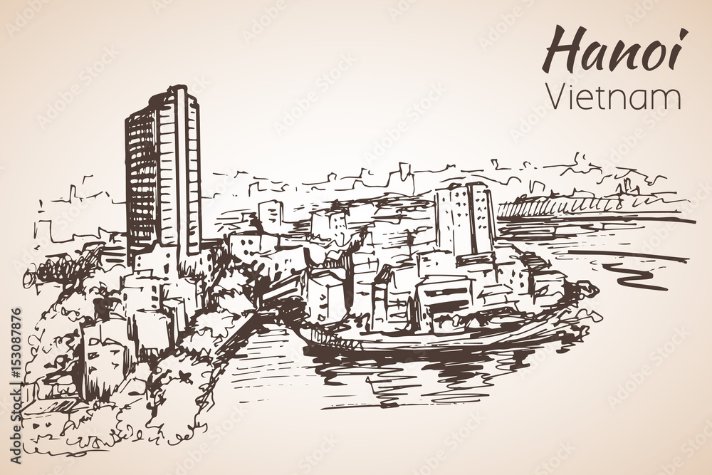 Hanoi cityscape Vietnam. Sketch.