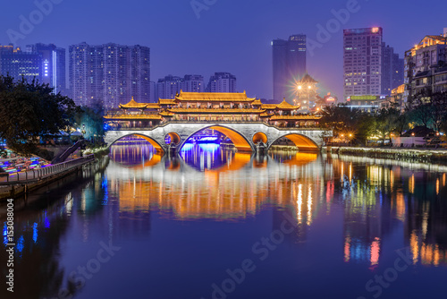 Anshun Bridge at night in Chengdu,Sichuan province of China