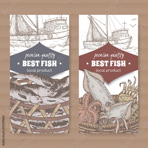 Two labels with fishing boat, color fish and seafood basket on white background.
