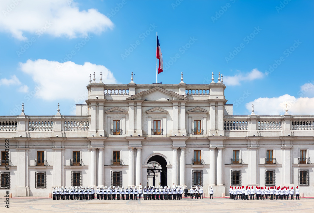 Naklejka premium Parade near La Moneda Palace (.Palacio de La Moneda) in Santiago, Chile