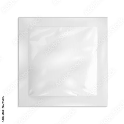 White Blank Retort Foil Pouch Packaging Medicine Drugs Or Coffee, Salt, Sugar, Sachet, Sweets Or Condom. Illustration Isolated On White Background. Mock Up Template Ready For Your Design. Vector EPS10