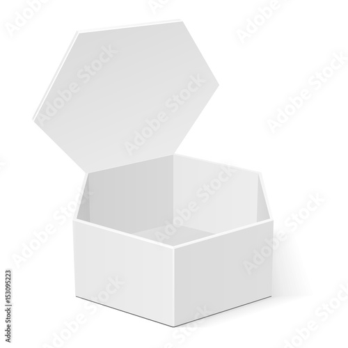 Open White Cardboard Hexagon Box Packaging For Food, Gift Or Other Products. Illustration Isolated On White Background. Mock Up Template Ready For Your Design. Product Packing Vector EPS10