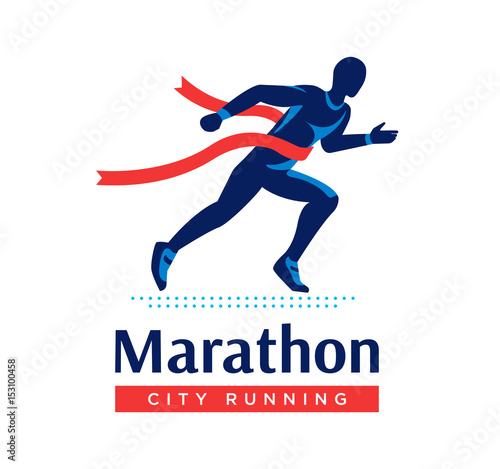 Running marathon logo or label. Runner with red ribbon. Vector flat symbol.