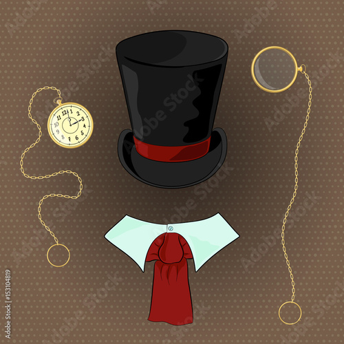 Set of accessories for gentlemen in retro style. Headdress, pocket watch, monocle.