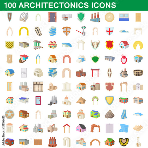 100 architectonics icons set, cartoon style