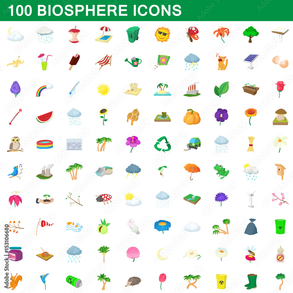 100 biosphere icons set, cartoon style