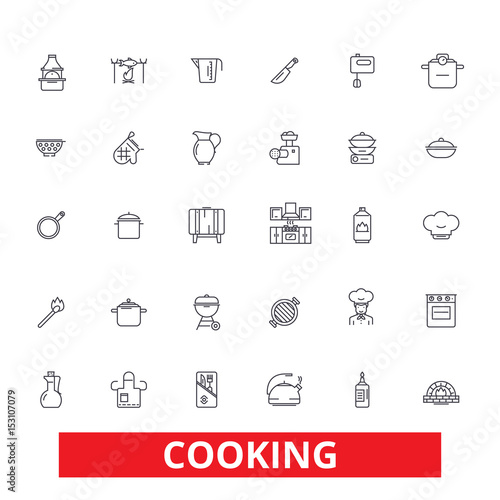 Cooking utensils, kitchen, restaurant, recipe, buffet, baking, catering, chef line icons. Editable strokes. Flat design vector illustration symbol concept. Linear signs isolated on white background