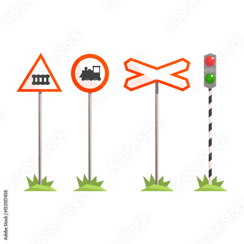 Railway intersection signs, different traffic signs for a railroad crossing. Colorful cartoon illustration