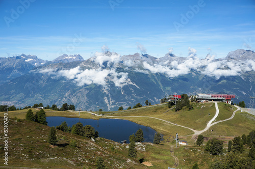 A lake with ski facility in summer at Nendaz, Switzerland.