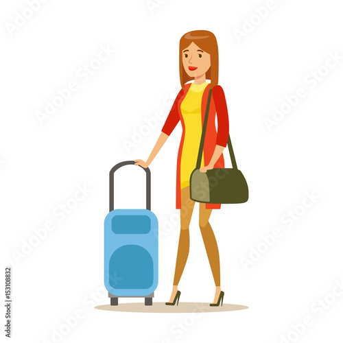 Young woman traveling with suitcase. Colorful cartoon character vector Illustration