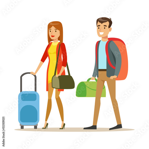 Tourists couple with travel bags. People traveling colorful cartoon character vector Illustration