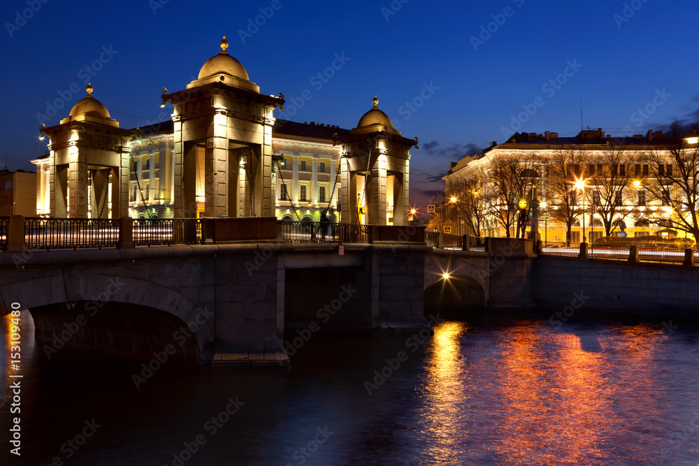 Lomonosova bridge in St.Peterburg in the night illumination