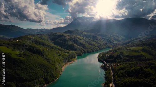 Aerial view of a fresh water lake and Dam in Italy